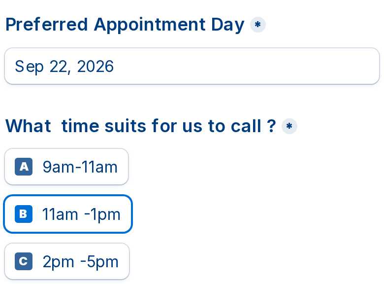 Booking form with a preferred appointment day selected and a preferred call time chosen
