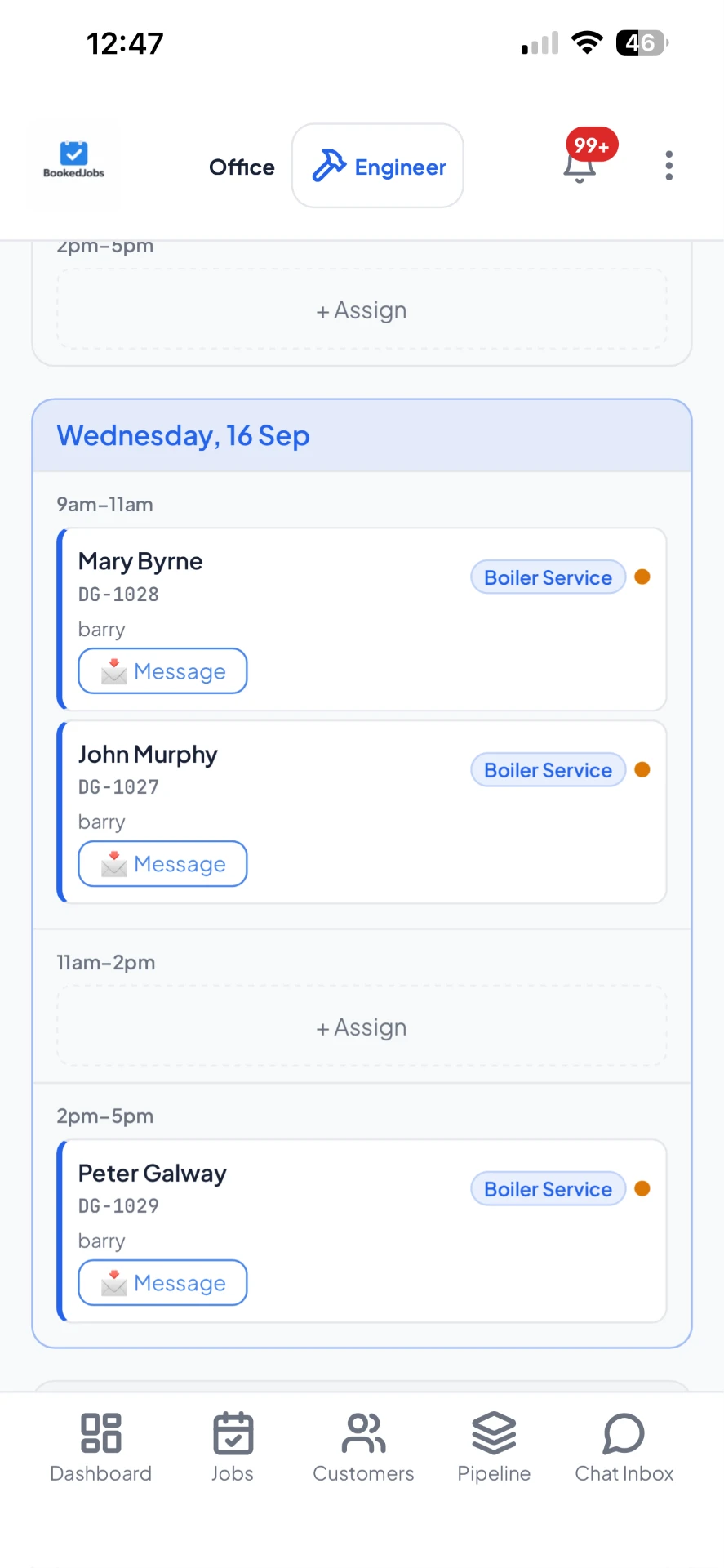 BookedJobs daily schedule showing jobs grouped by engineer
