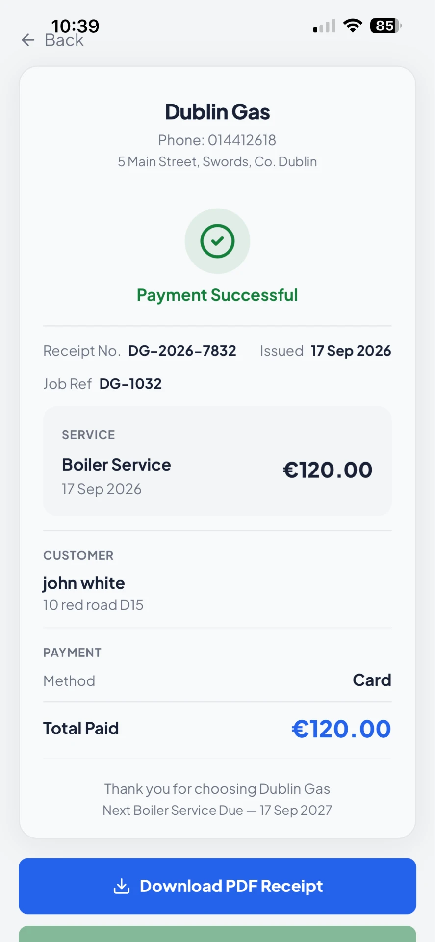 BookedJobs payment successful receipt screen showing a paid boiler service