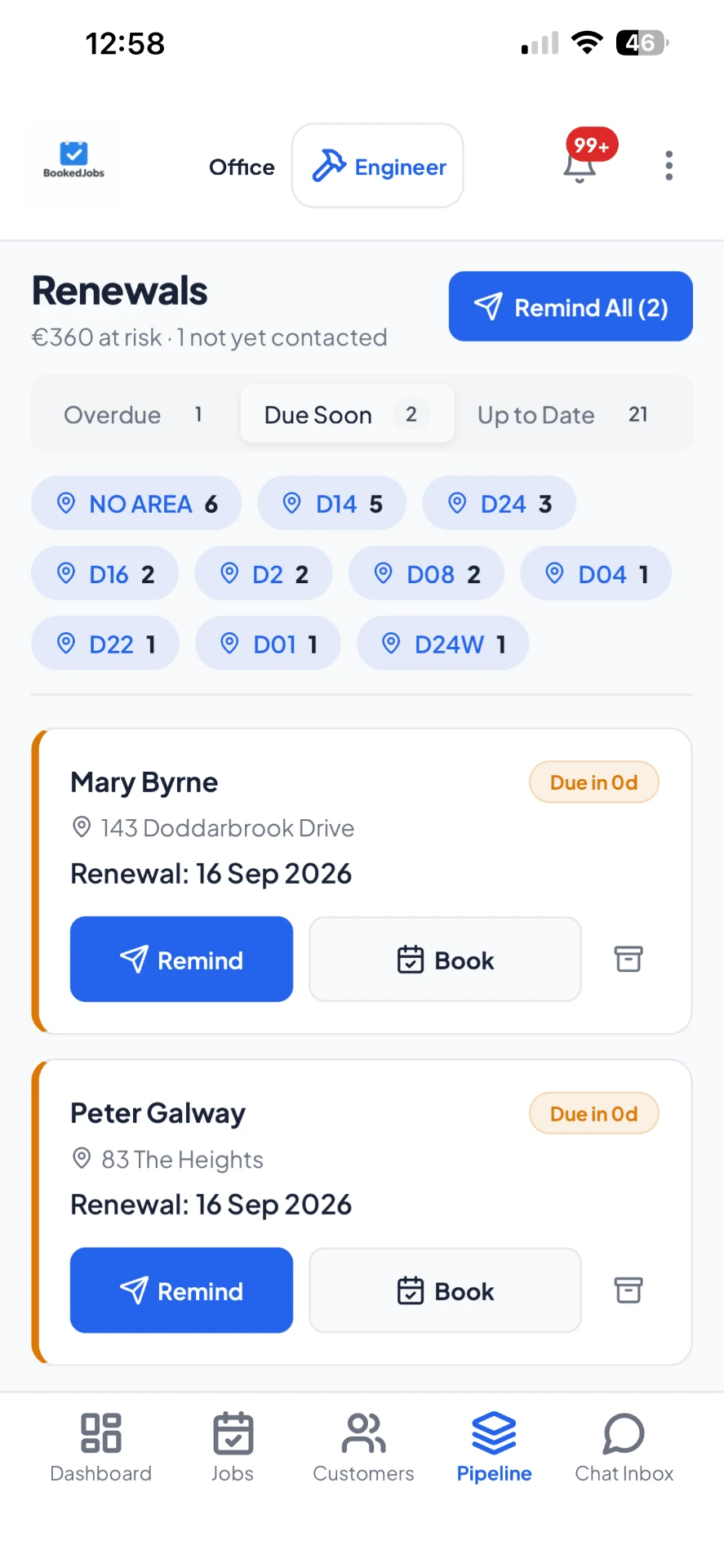 BookedJobs renewals screen showing service renewal totals and customer records