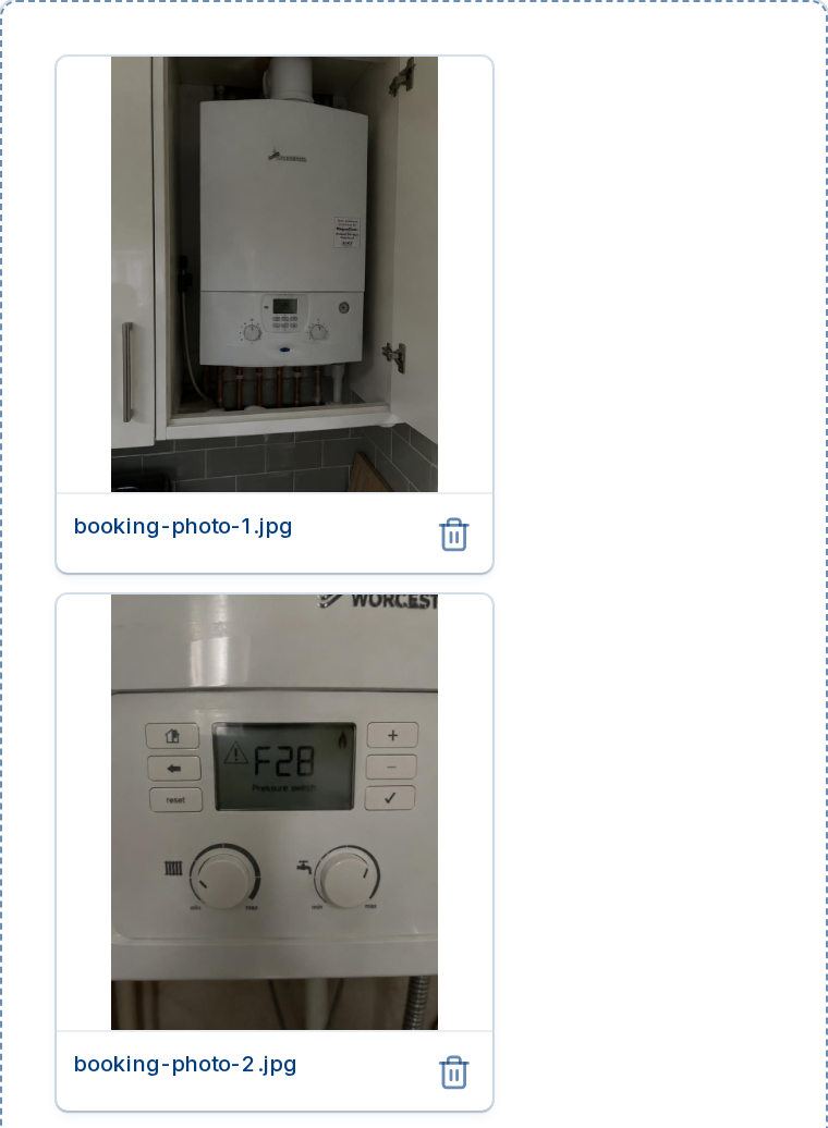 Booking form upload area showing photos of the boiler and its error code uploaded by the customer